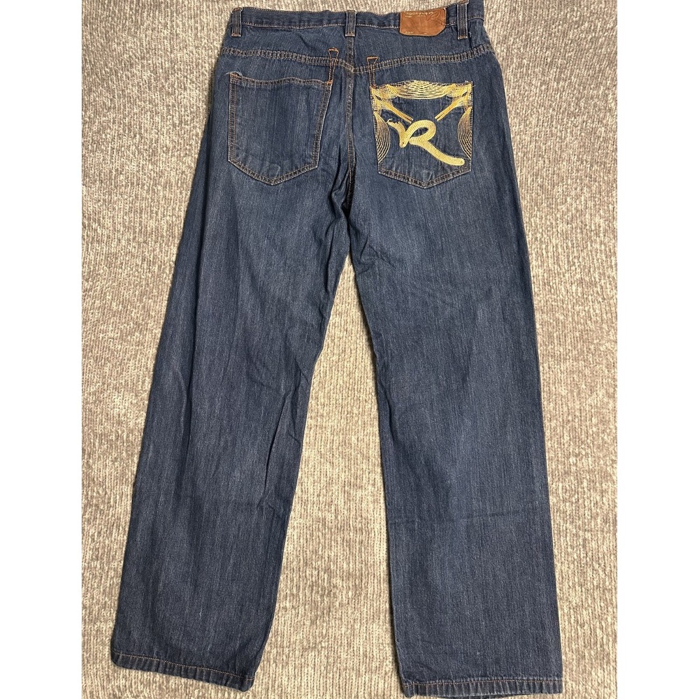 Rocawear Jeans Men 36x34 Blue Baggy Y2K Denim Hip Hop GOLD R Loose Embroidered